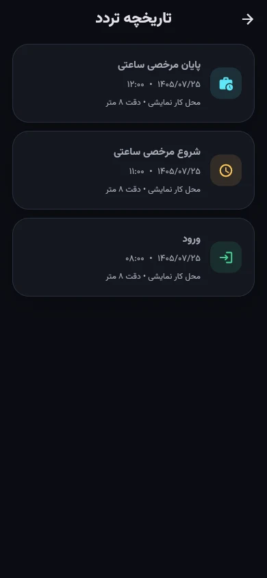 Flutter attendance history containing synthetic demonstration records